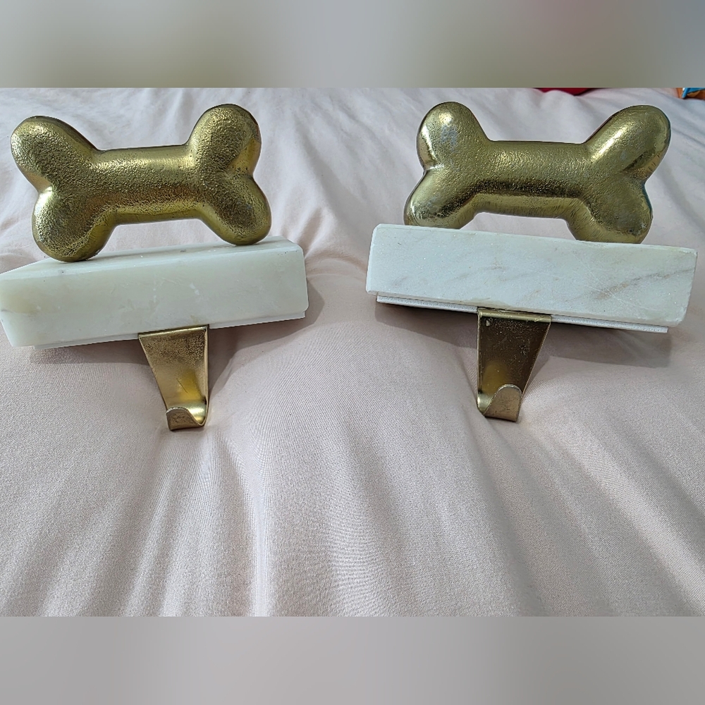 ​Set of 2 Marble & Gold Brass Dog Bone Stocking Holders - Weighted Mantel Hanger